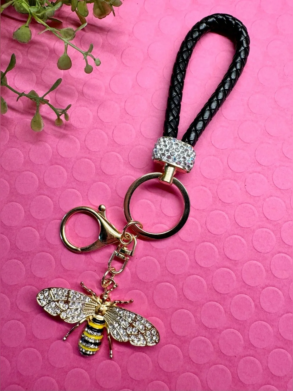 New Austrian Crystal & Metal Bee Purse Bag Charm Keychain w/ Woven Strap - 7”